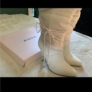 White mid calf high heeled boots